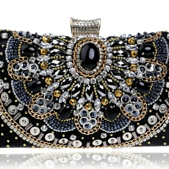 Women's Evening Bag Diamonds Party Prom Clutch Purse Floral Bride Black Handbag - Picture 2 of 13